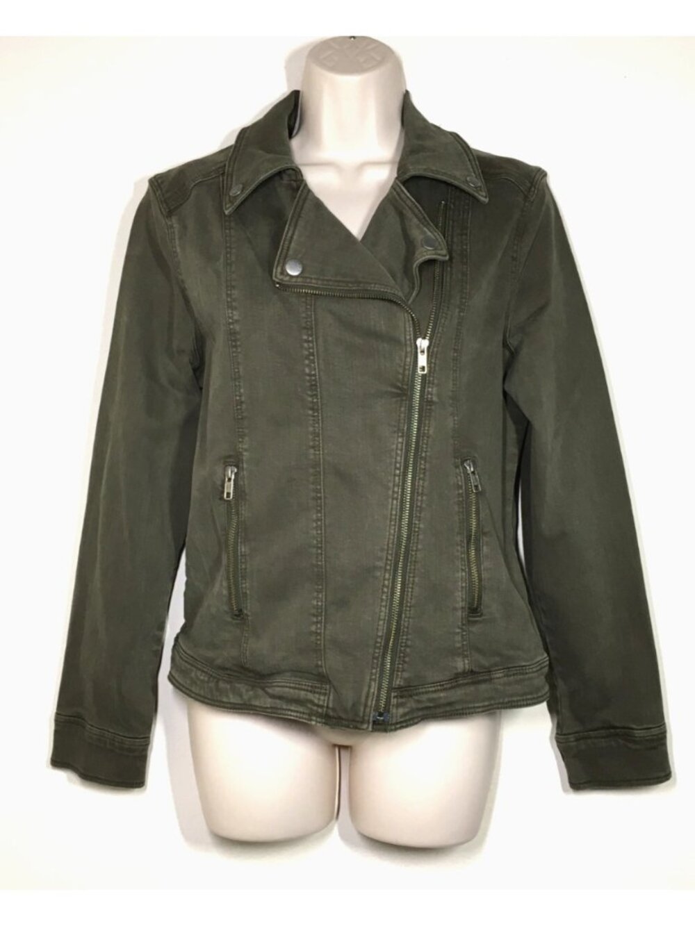 Liverpool Los Angeles Moto Jacket M Womens Olive Green Denim Zip Bust 39"